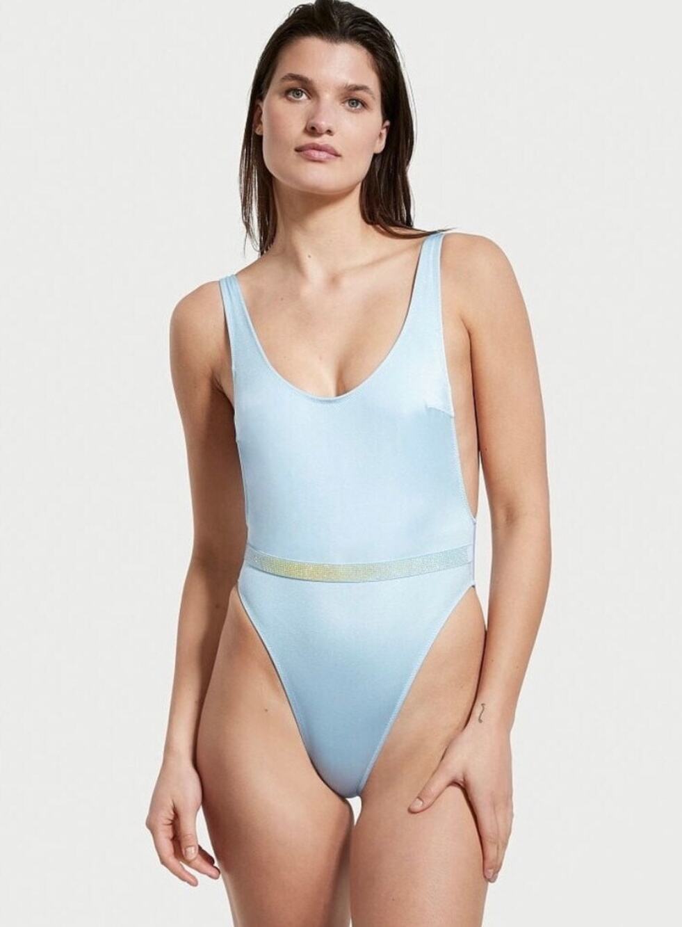 Victoria’s Secret Swimsuit One Piece Shine Rhinestone Baby Pale Blue Plunge NWT